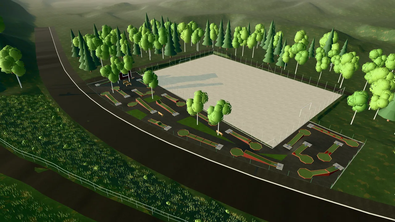 Bergsjöns BGK i spelets 3D-scen — de 18 banorna, bollplanen och skogen i kvällsljus
