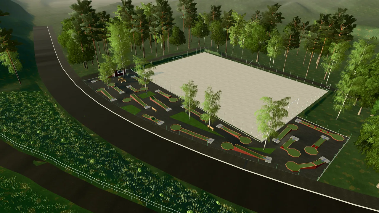 Bergsjöns BGK i spelets 3D-scen — de 18 banorna, bollplanen och skogen i kvällsljus