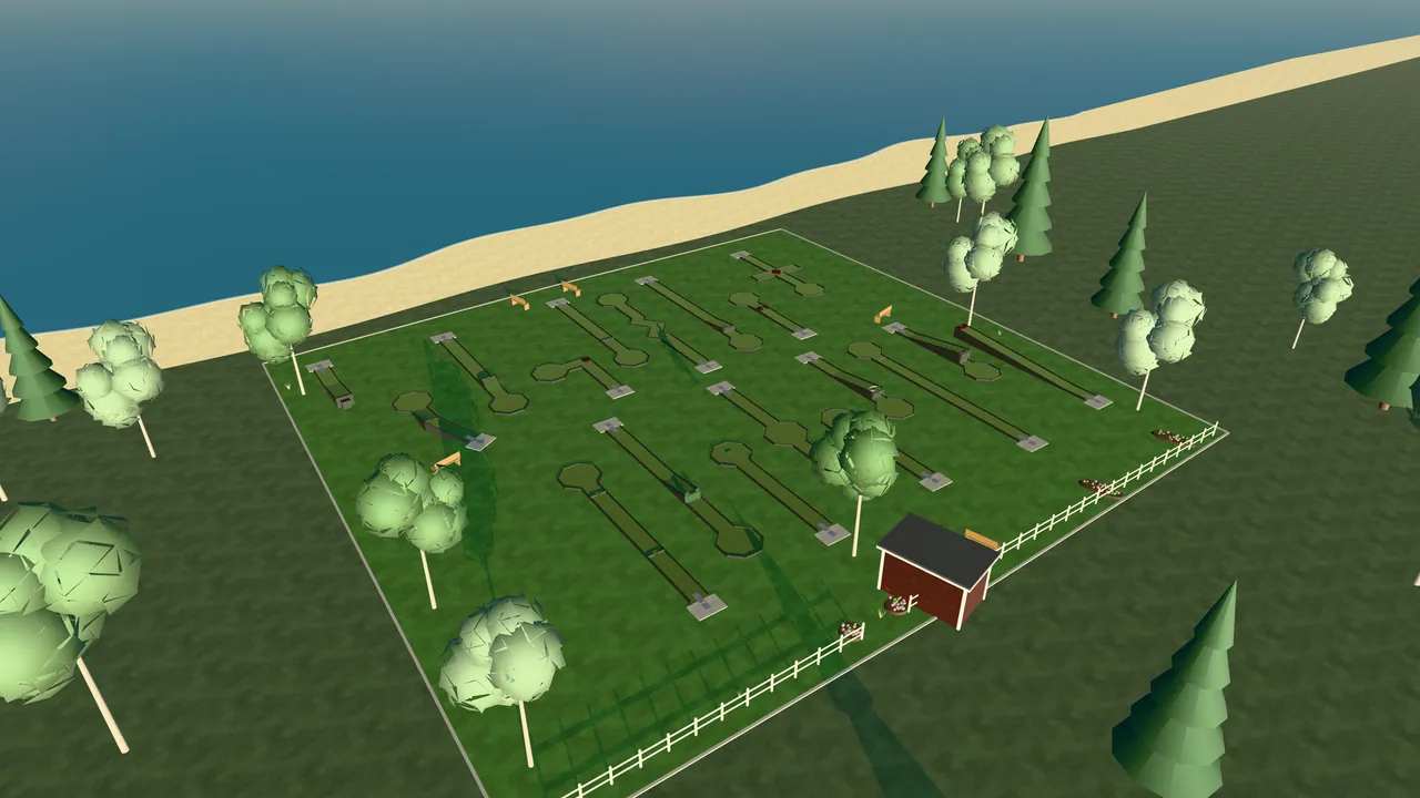 Åhus Bangolfpark i spelets 3D-scen, sedd från ovan i kvällsljus