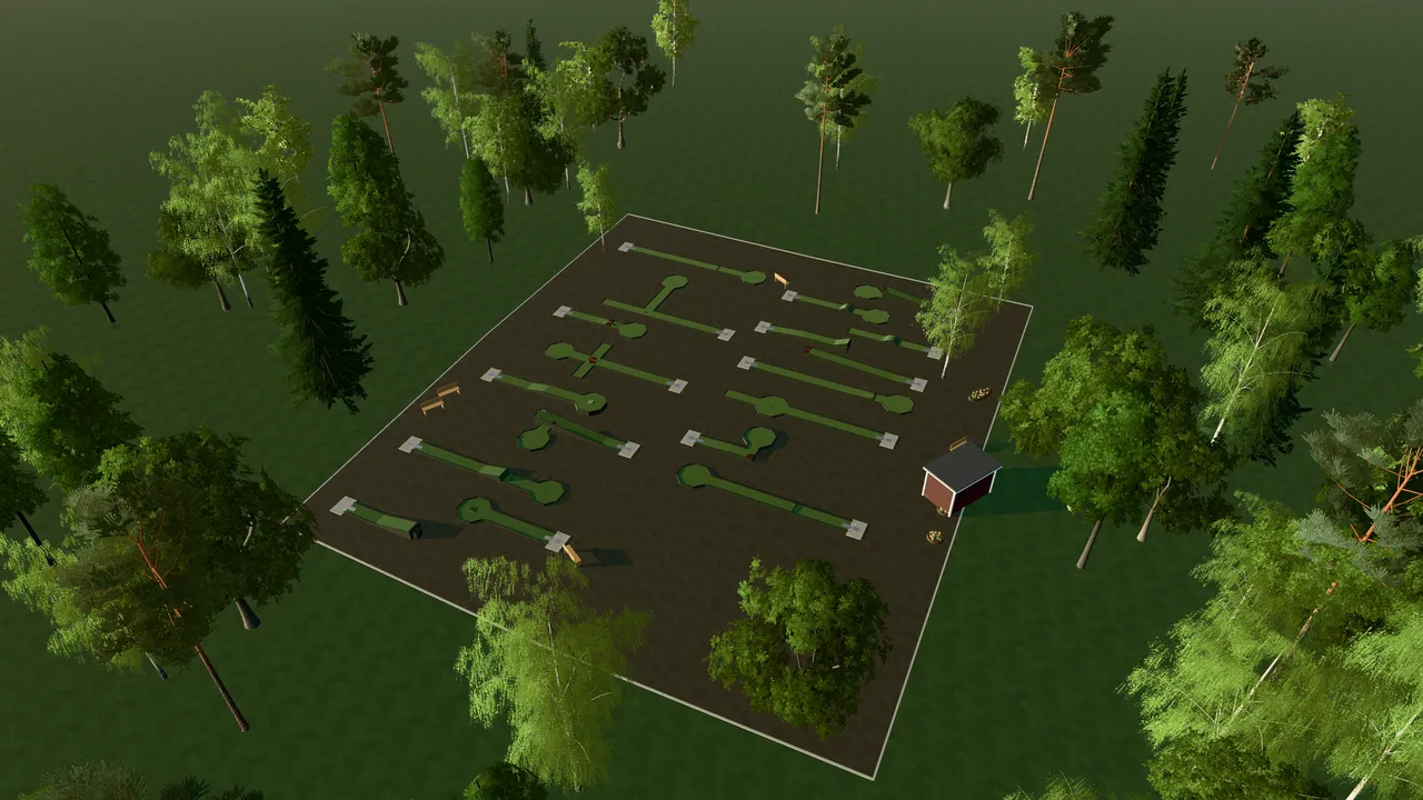 Anderslövs Bangolfpark i spelets 3D-scen, sedd från ovan i kvällsljus