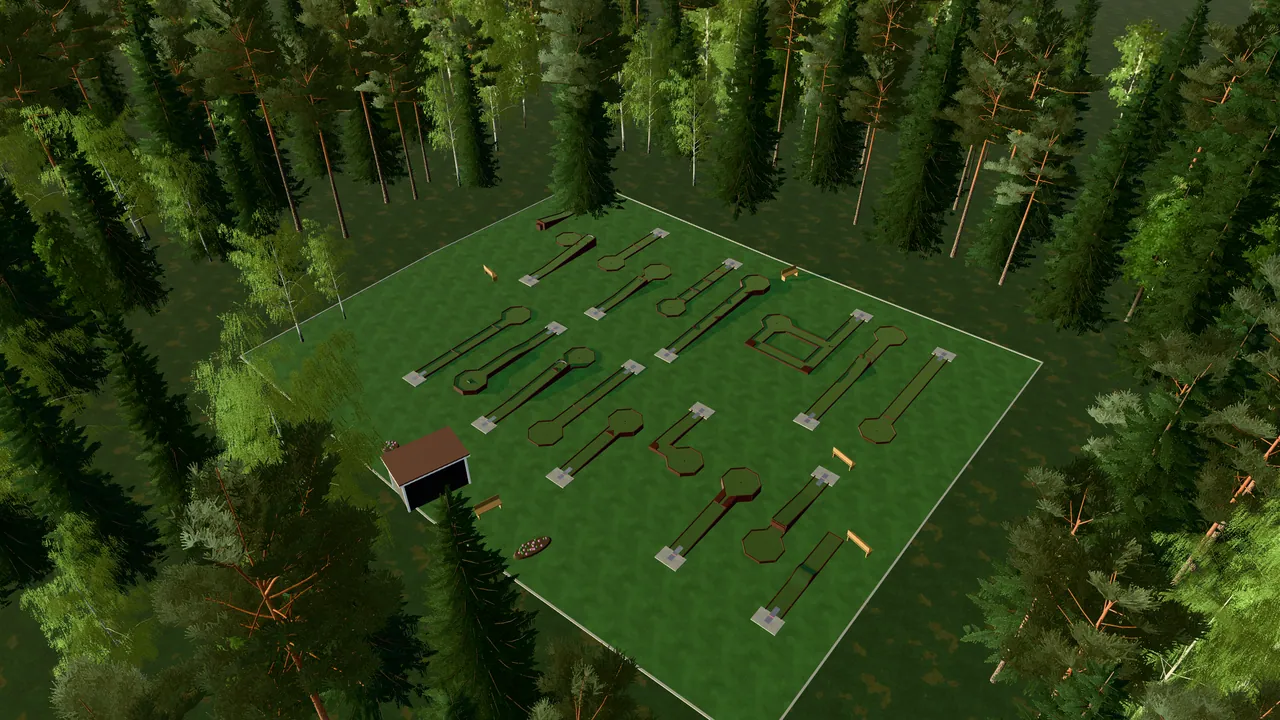 Ånge Bangolfpark i spelets 3D-scen, sedd från ovan i kvällsljus
