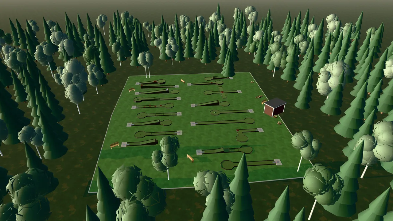 Arboga Bangolfpark i spelets 3D-scen, sedd från ovan i kvällsljus