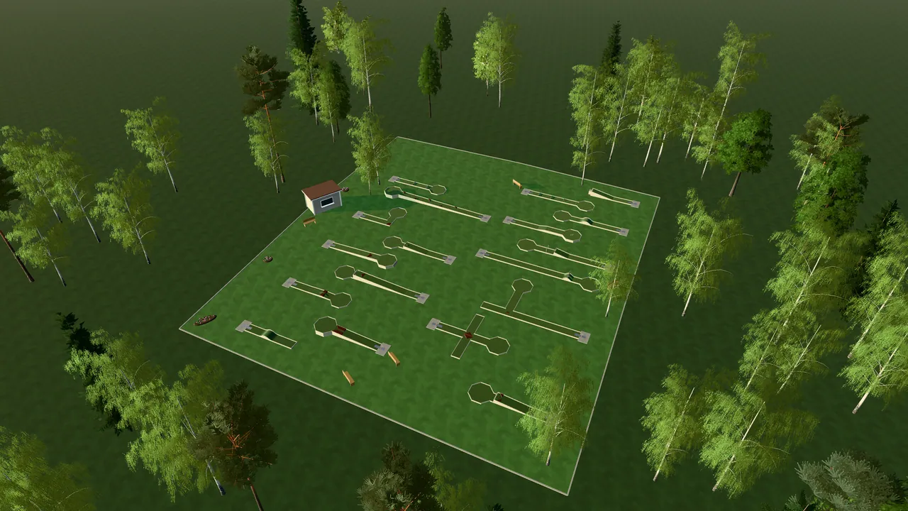 Åre Bangolfpark i spelets 3D-scen, sedd från ovan i kvällsljus