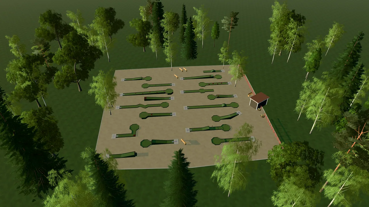 Årjängs Bangolfpark i spelets 3D-scen, sedd från ovan i kvällsljus