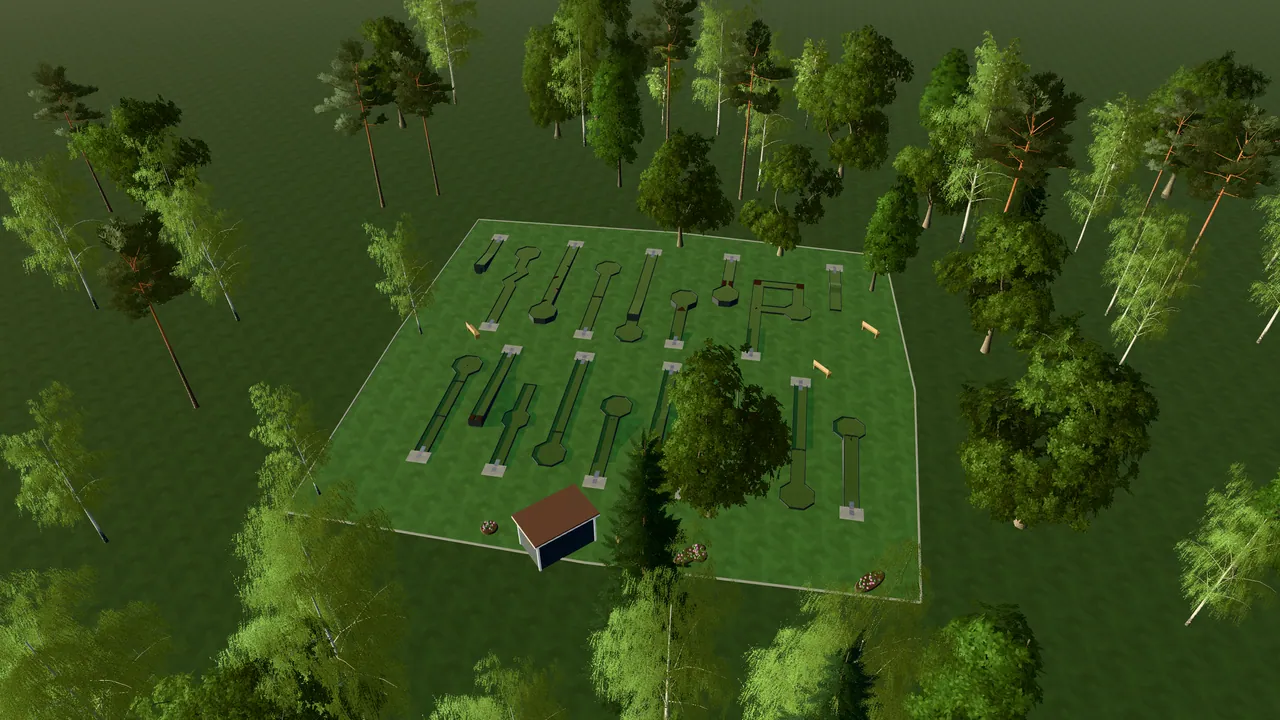 Bälinge Bangolfpark i spelets 3D-scen, sedd från ovan i kvällsljus