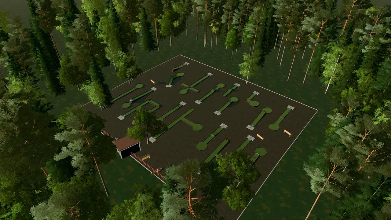 Bjärreds Bangolfpark i spelets 3D-scen, sedd från ovan i kvällsljus