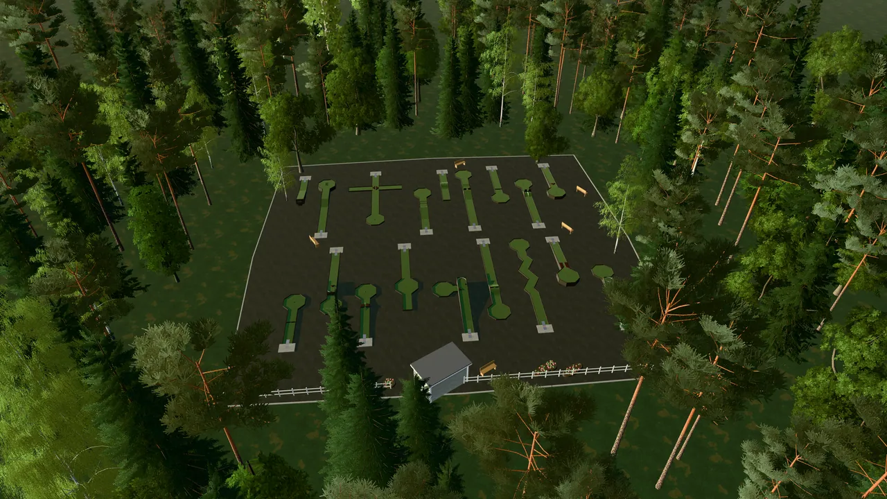 Bjuvs Bangolfpark i spelets 3D-scen, sedd från ovan i kvällsljus