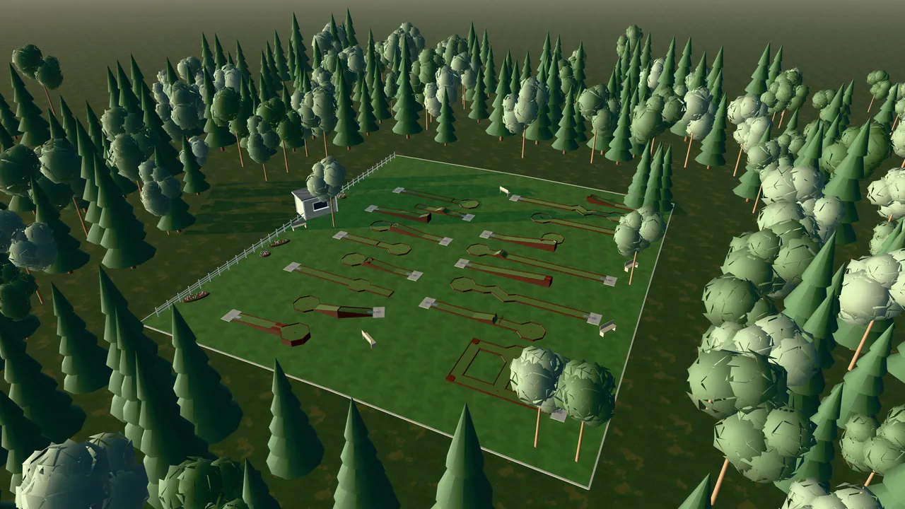 Bollnäs Bangolfpark i spelets 3D-scen, sedd från ovan i kvällsljus
