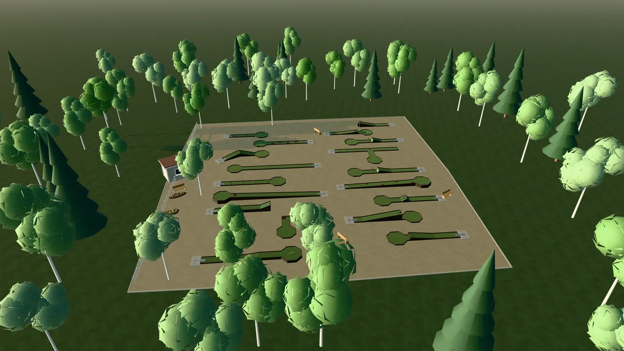 Borås Minigolfpark i spelets 3D-scen, sedd från ovan i kvällsljus