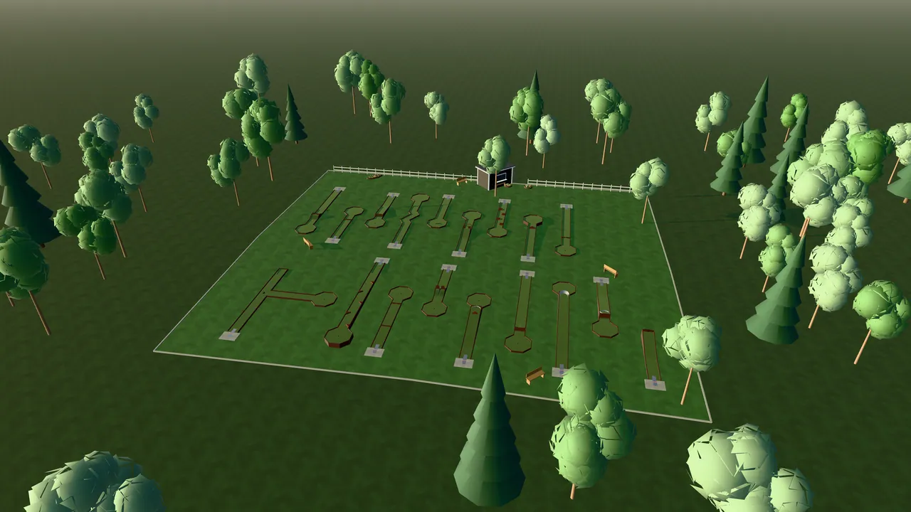 Borlänge Bangolfpark i spelets 3D-scen, sedd från ovan i kvällsljus