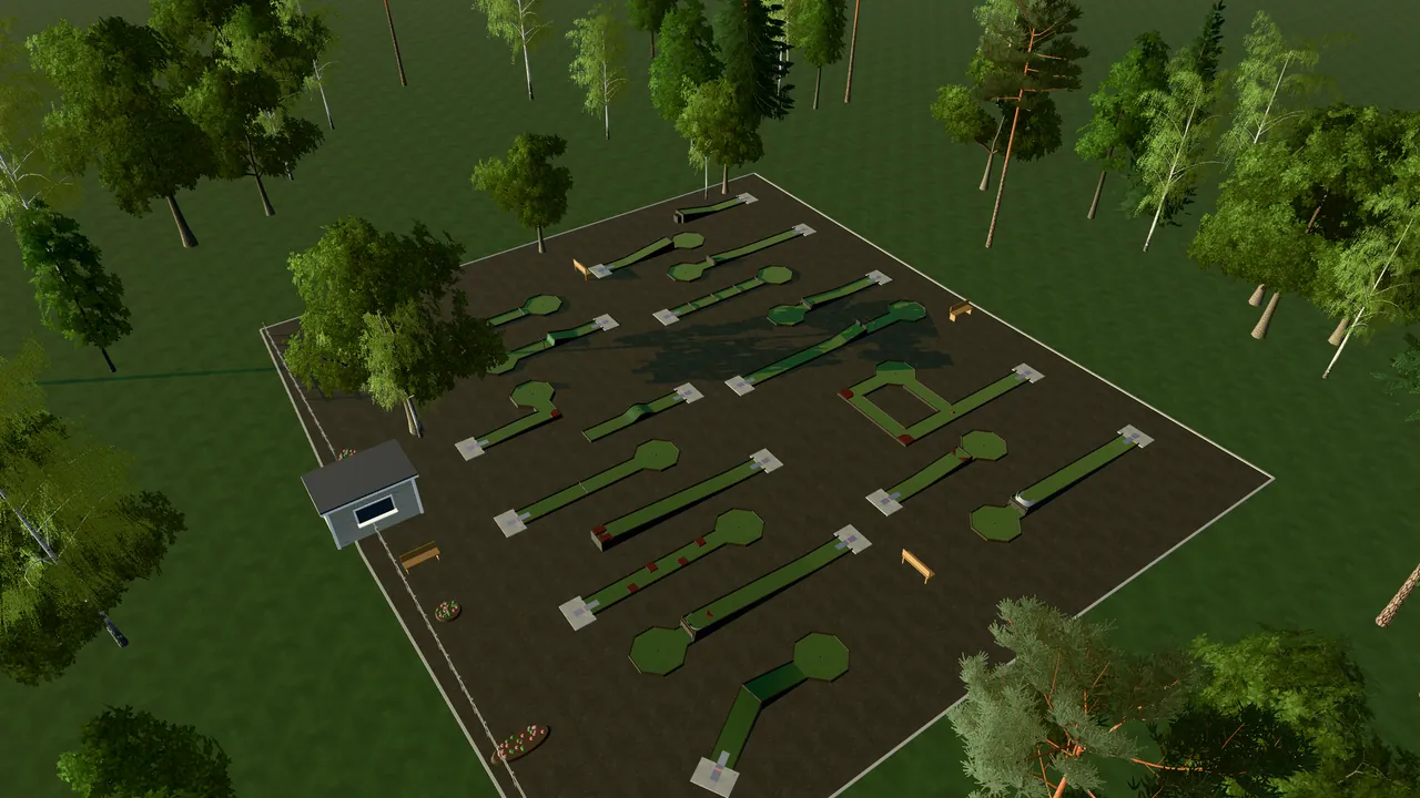 Bro Bangolfpark i spelets 3D-scen, sedd från ovan i kvällsljus