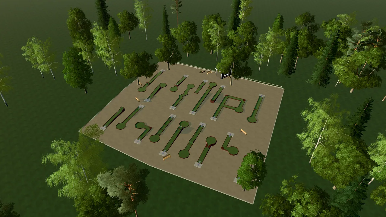 Dalby Bangolfpark i spelets 3D-scen, sedd från ovan i kvällsljus
