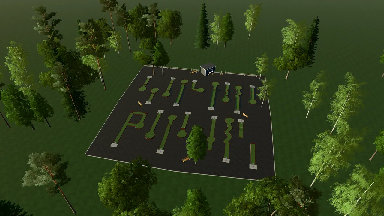 Degerfors Bangolfpark i spelets 3D-scen, sedd från ovan i kvällsljus