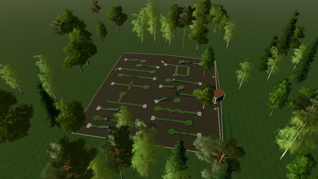 Djurås Bangolfpark i spelets 3D-scen, sedd från ovan i kvällsljus