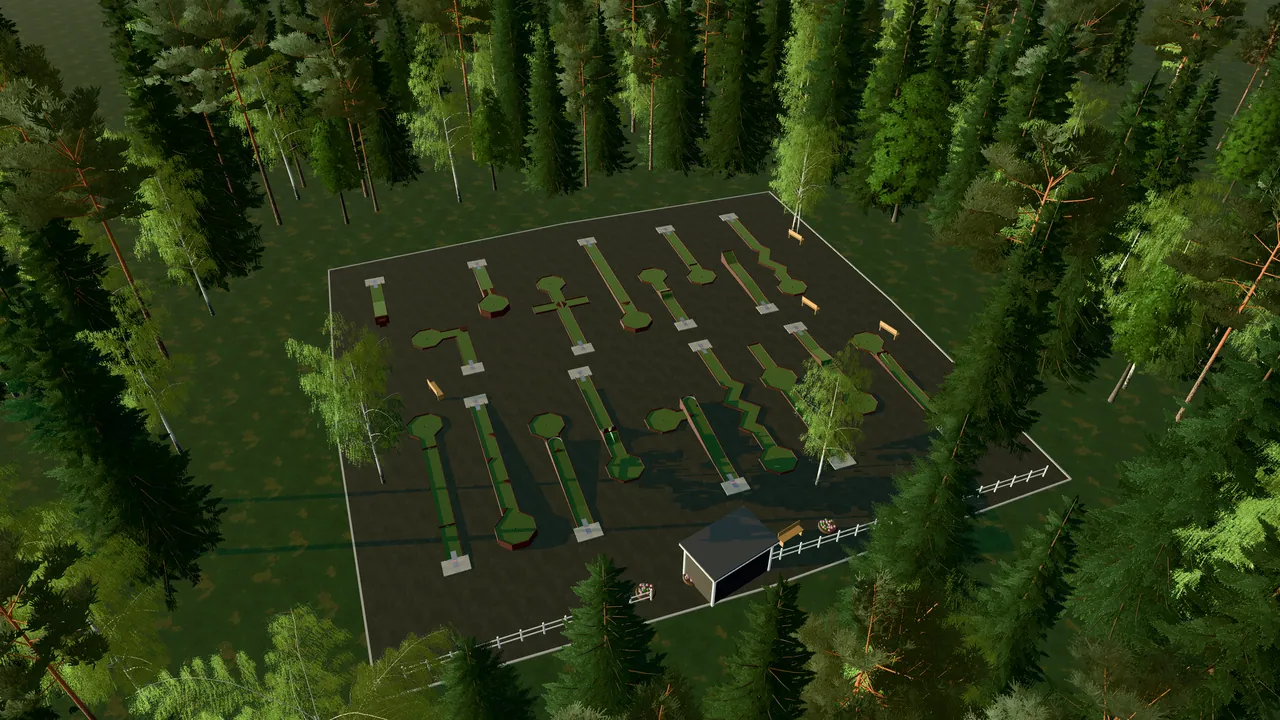 Edsbyns Bangolfpark i spelets 3D-scen, sedd från ovan i kvällsljus