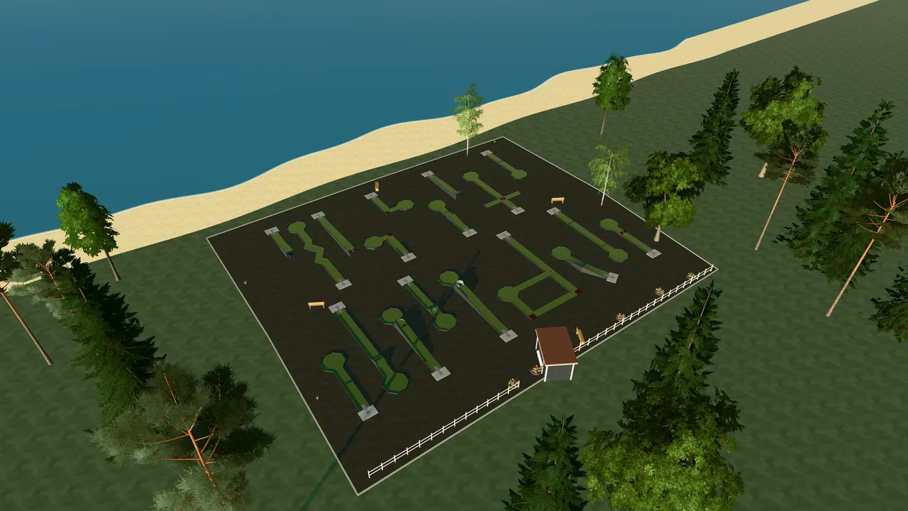Fisksätra Bangolfpark i spelets 3D-scen, sedd från ovan i kvällsljus