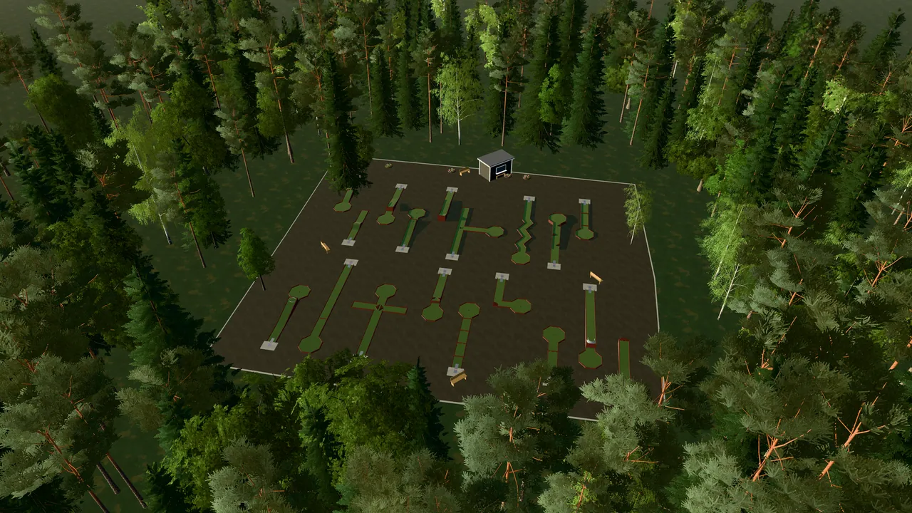Fritsla Bangolfpark i spelets 3D-scen, sedd från ovan i kvällsljus