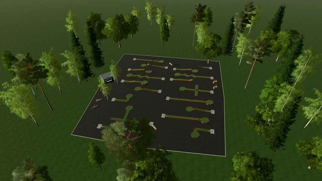 Gamleby Bangolfpark i spelets 3D-scen, sedd från ovan i kvällsljus
