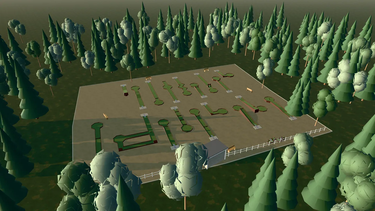 Gislaveds Bangolfpark i spelets 3D-scen, sedd från ovan i kvällsljus