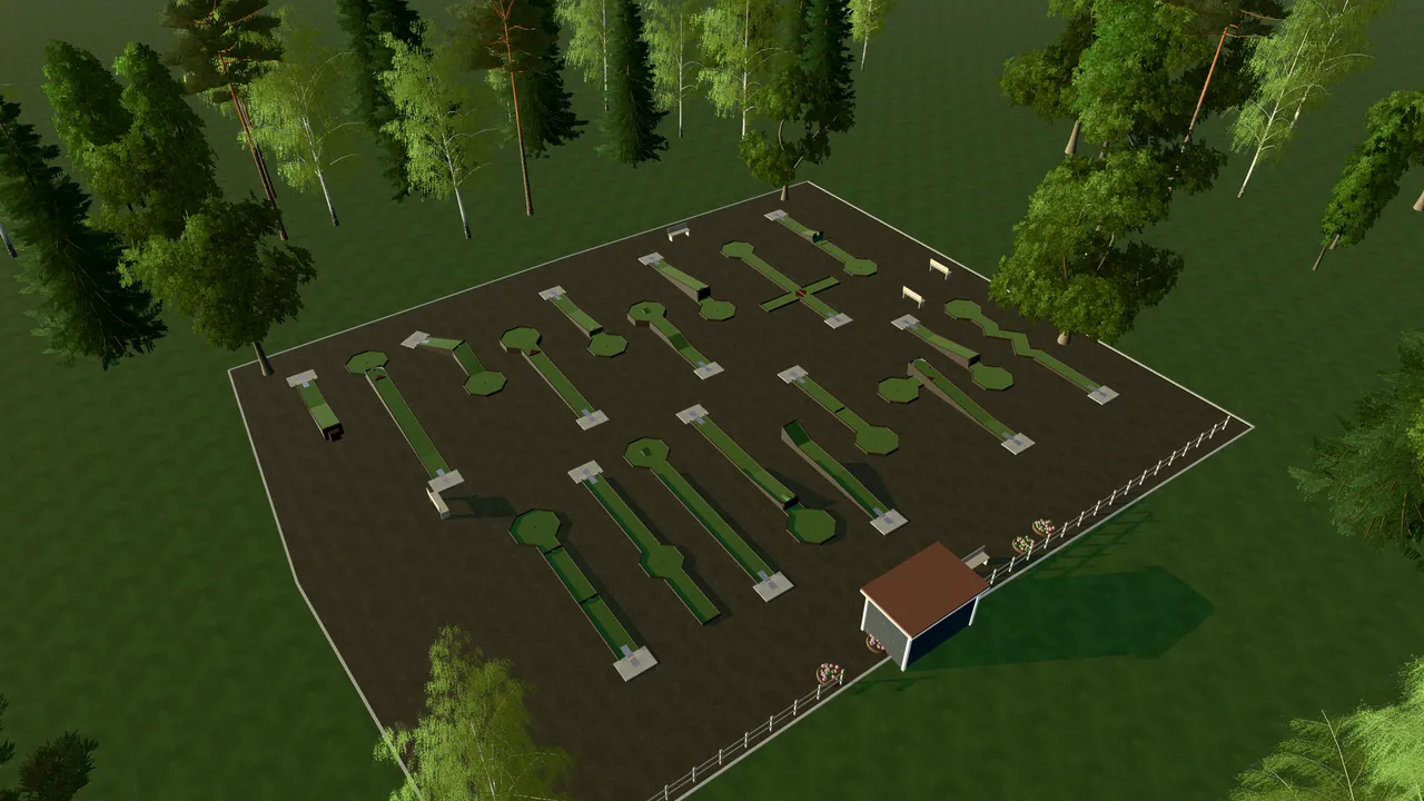 Gnosjö Bangolfpark i spelets 3D-scen, sedd från ovan i kvällsljus