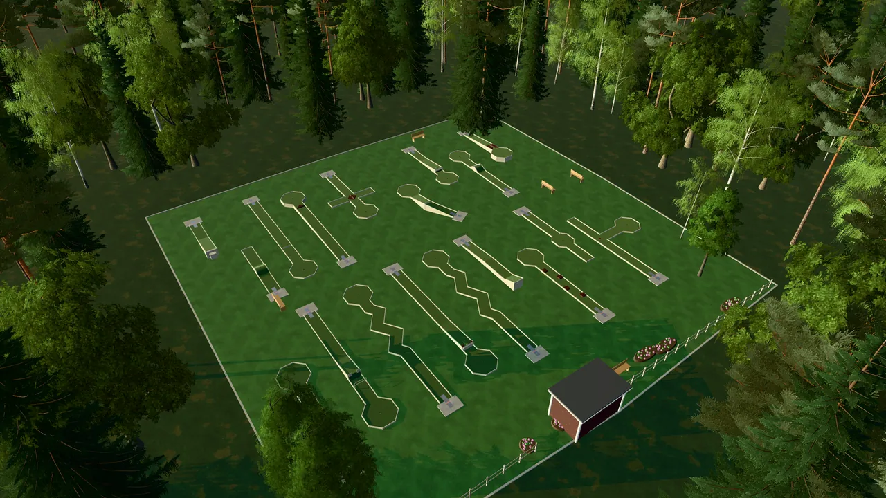 Gränna Bangolfpark i spelets 3D-scen, sedd från ovan i kvällsljus