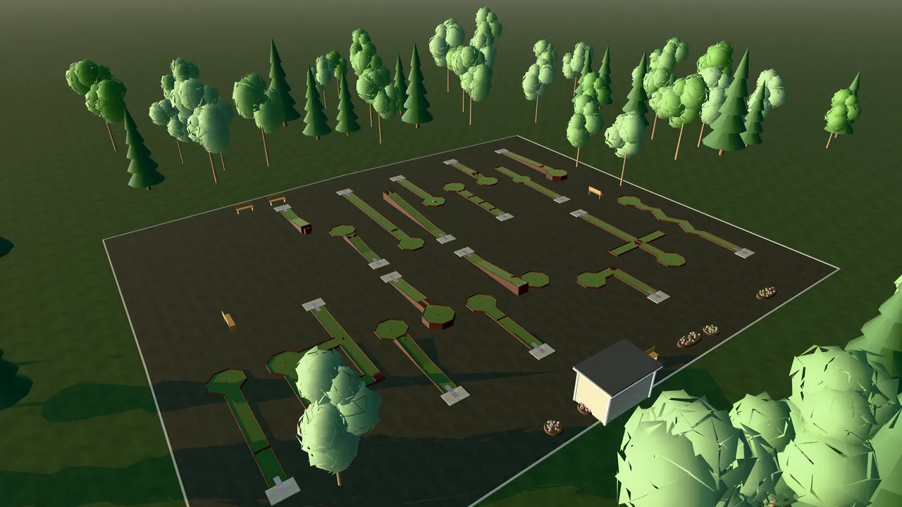 Gustavsbergs Bangolfpark i spelets 3D-scen, sedd från ovan i kvällsljus