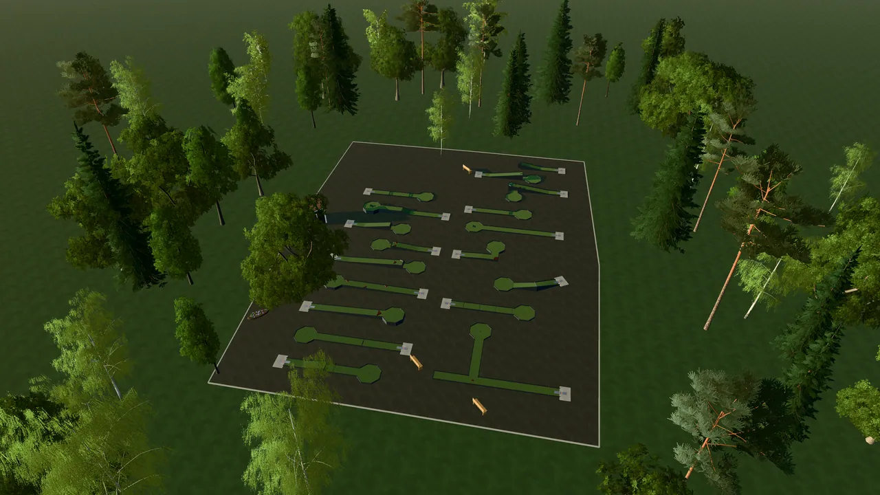 Hällefors Bangolfpark i spelets 3D-scen, sedd från ovan i kvällsljus