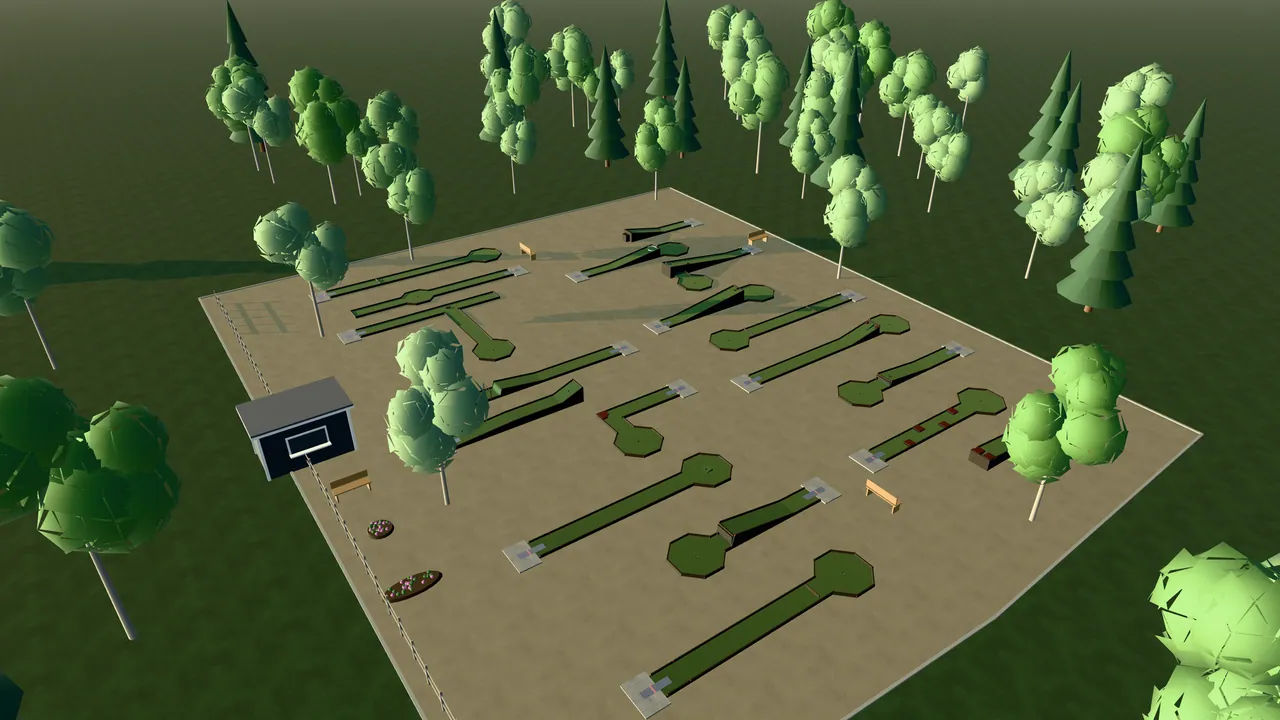 Hallstahammars Bangolfpark i spelets 3D-scen, sedd från ovan i kvällsljus