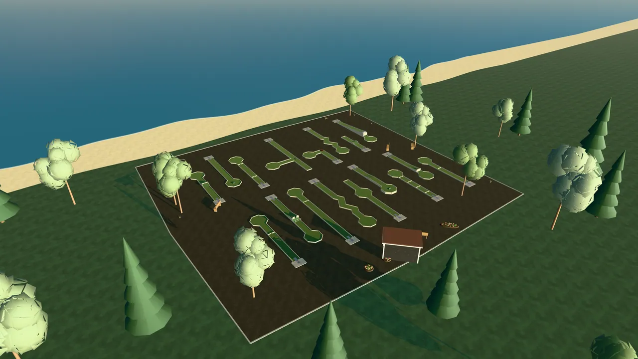 Halmstads Minigolfpark i spelets 3D-scen, sedd från ovan i kvällsljus