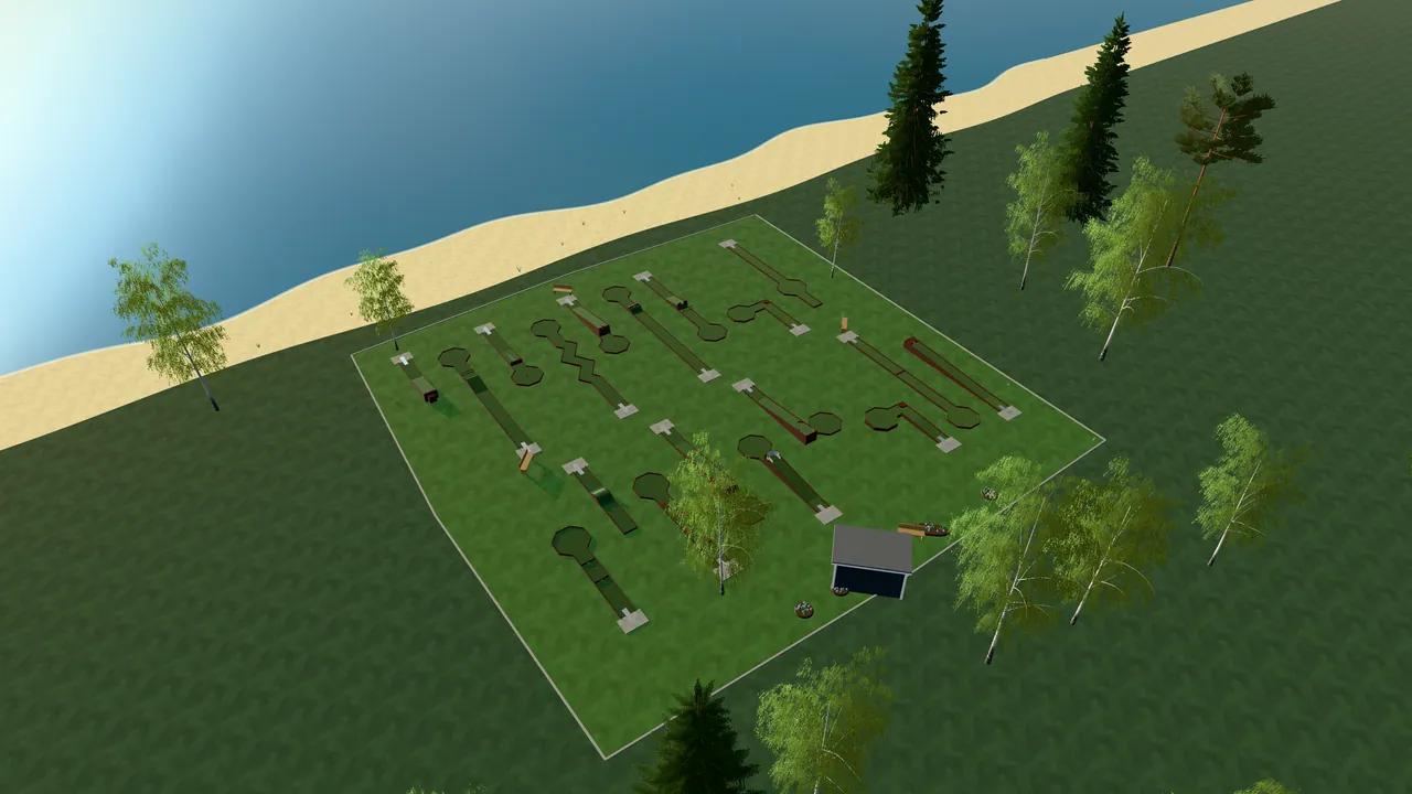 Haparanda Bangolfpark i spelets 3D-scen, sedd från ovan i kvällsljus