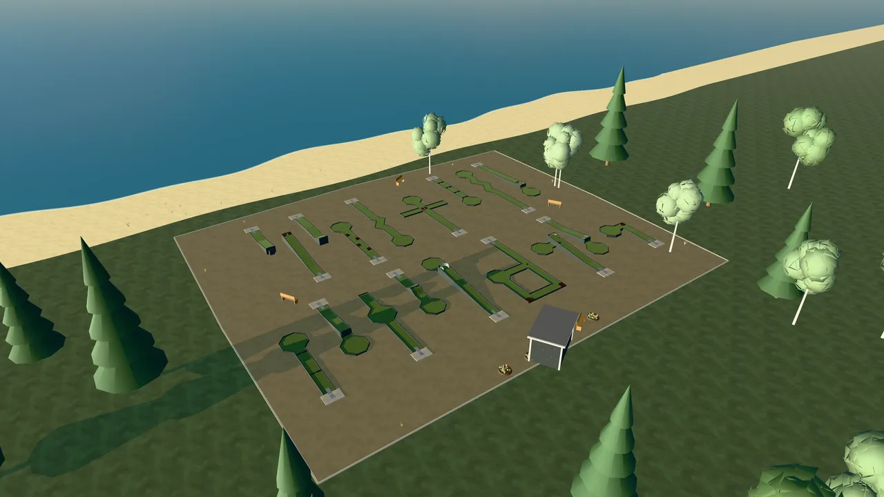 Helsingborgs Minigolfpark i spelets 3D-scen, sedd från ovan i kvällsljus