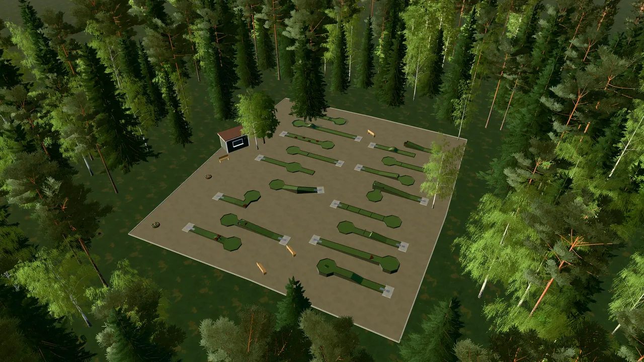 Hemavans Bangolfpark i spelets 3D-scen, sedd från ovan i kvällsljus