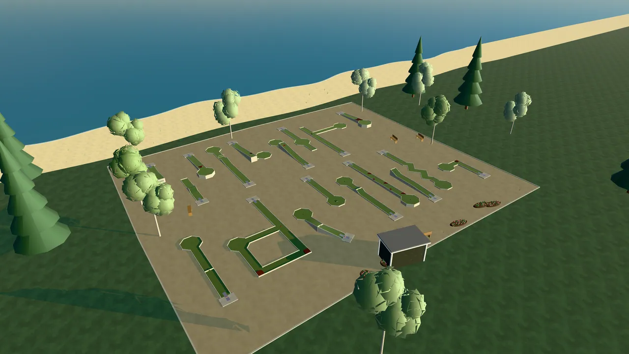 Höganäs Bangolfpark i spelets 3D-scen, sedd från ovan i kvällsljus