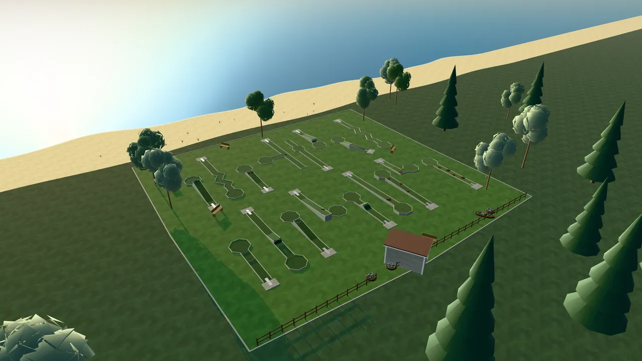 Höllvikens Bangolfpark i spelets 3D-scen, sedd från ovan i kvällsljus