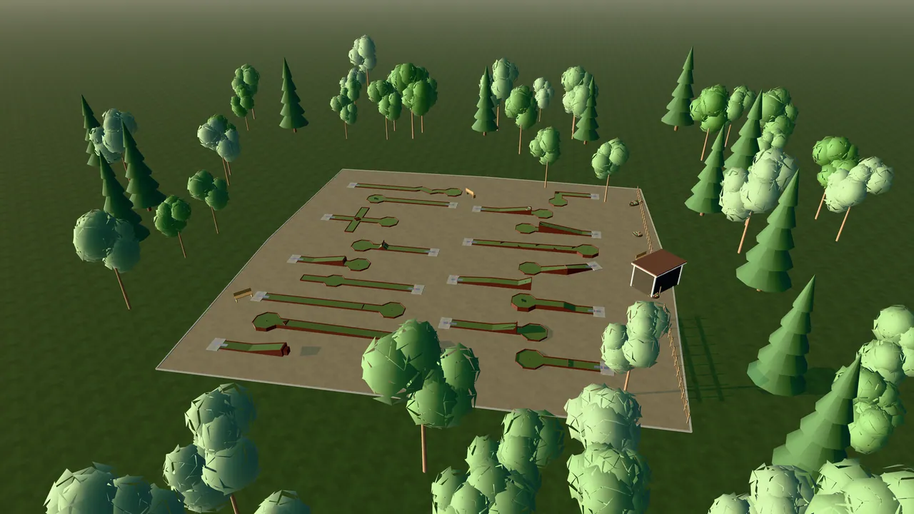 Hönö Bangolfpark i spelets 3D-scen, sedd från ovan i kvällsljus