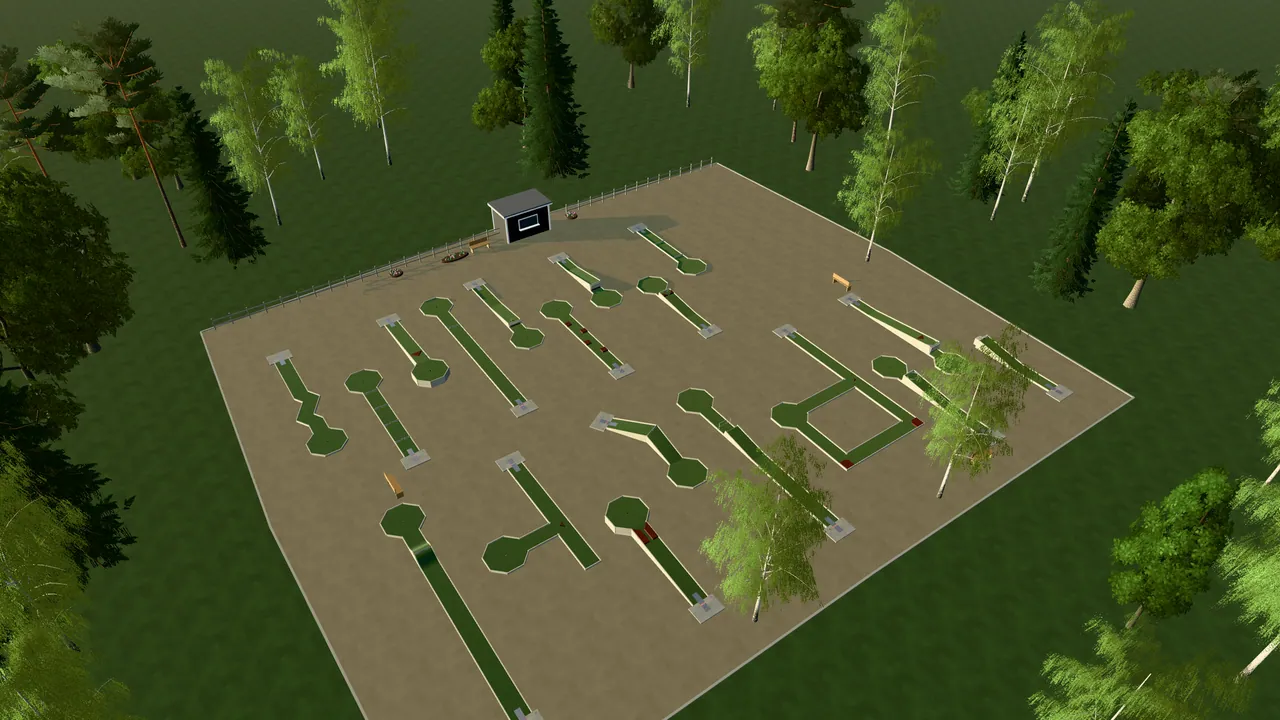 Höörs Bangolfpark i spelets 3D-scen, sedd från ovan i kvällsljus