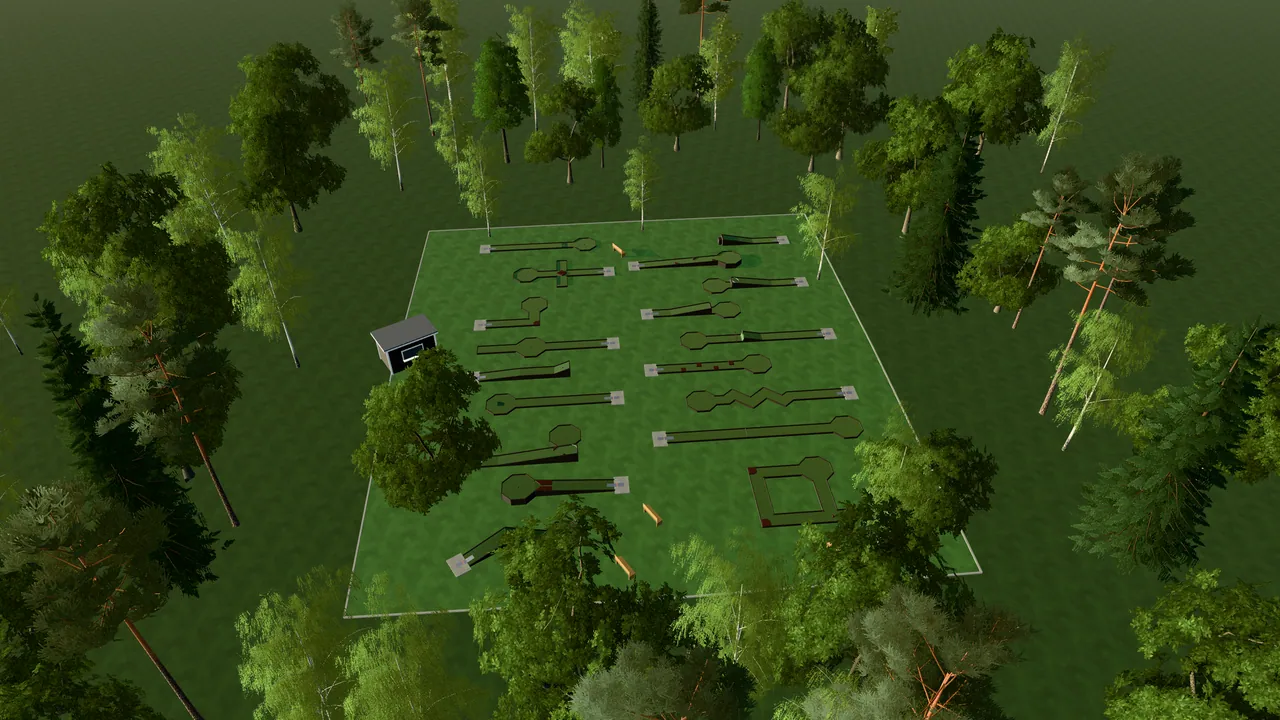 Hyltebruks Bangolfpark i spelets 3D-scen, sedd från ovan i kvällsljus