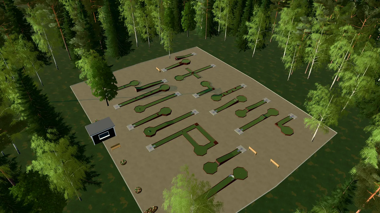 Idre Bangolfpark i spelets 3D-scen, sedd från ovan i kvällsljus