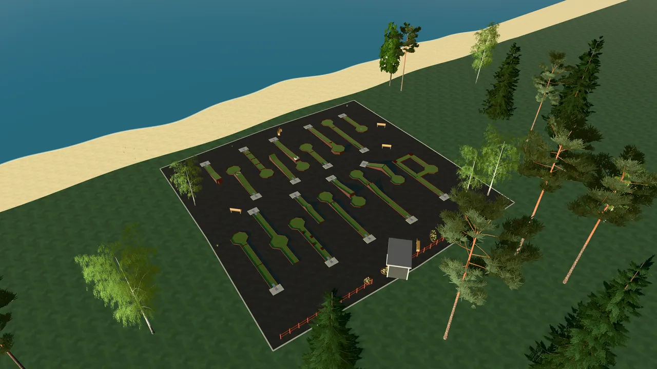 Iggesunds Bangolfpark i spelets 3D-scen, sedd från ovan i kvällsljus