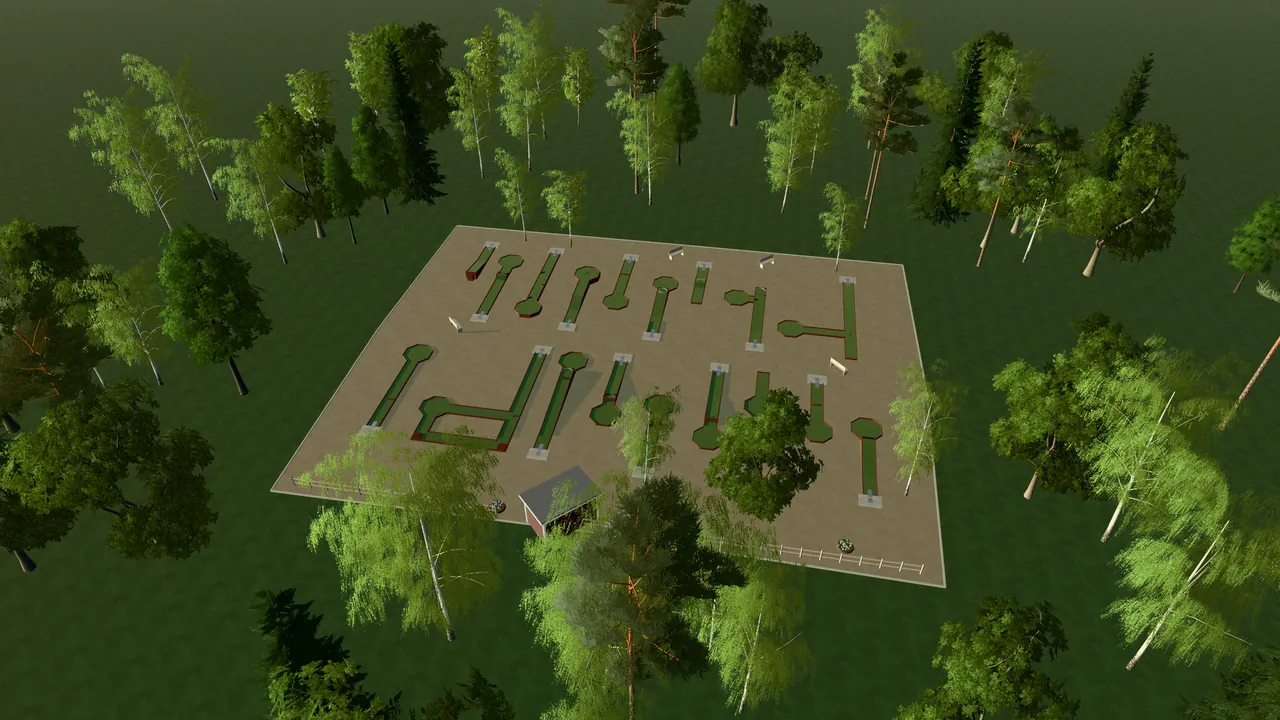 Ingareds Bangolfpark i spelets 3D-scen, sedd från ovan i kvällsljus