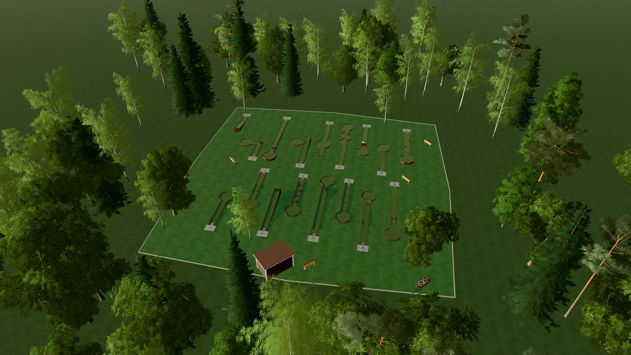 Jälla Bangolfpark i spelets 3D-scen, sedd från ovan i kvällsljus