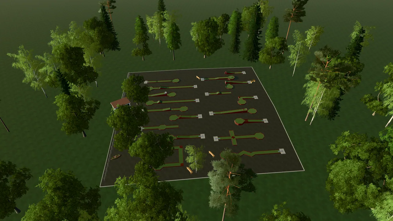 Jämjö Bangolfpark i spelets 3D-scen, sedd från ovan i kvällsljus