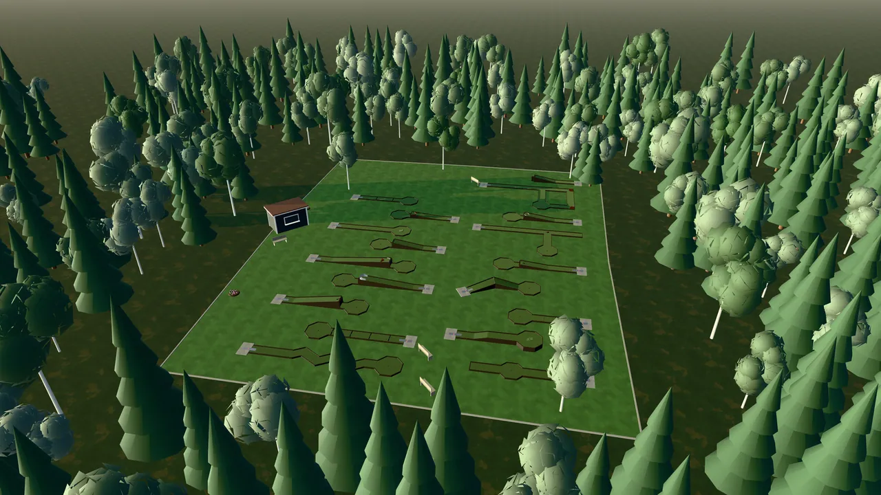 Jönköpings Minigolfpark i spelets 3D-scen, sedd från ovan i kvällsljus