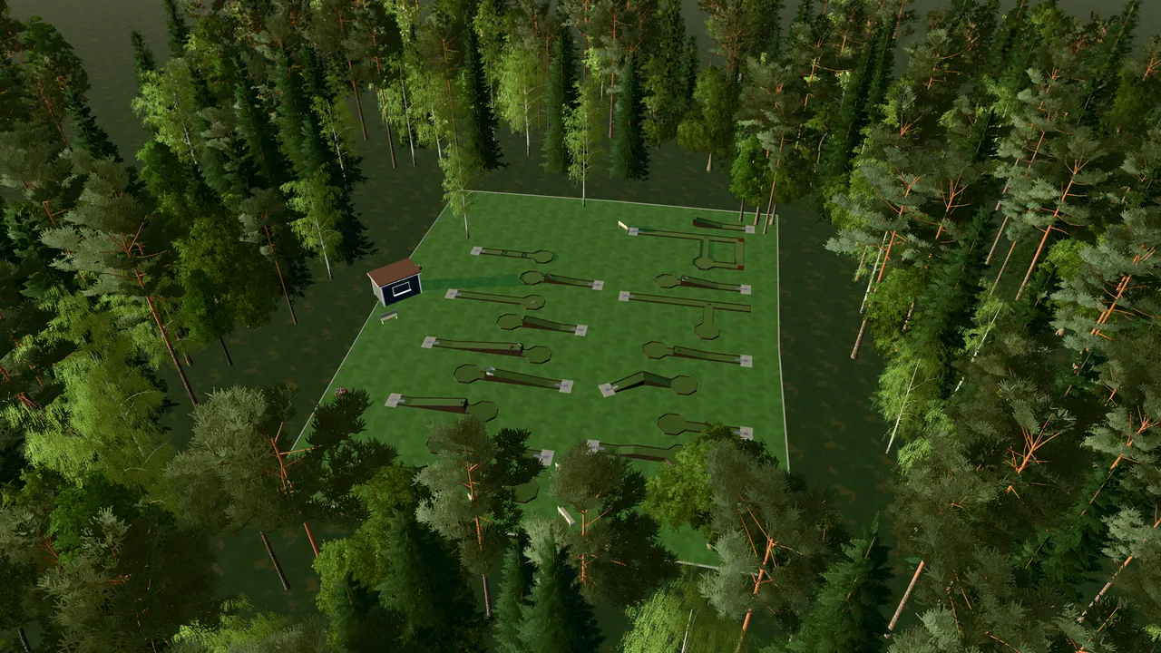 Jönköpings Minigolfpark i spelets 3D-scen, sedd från ovan i kvällsljus