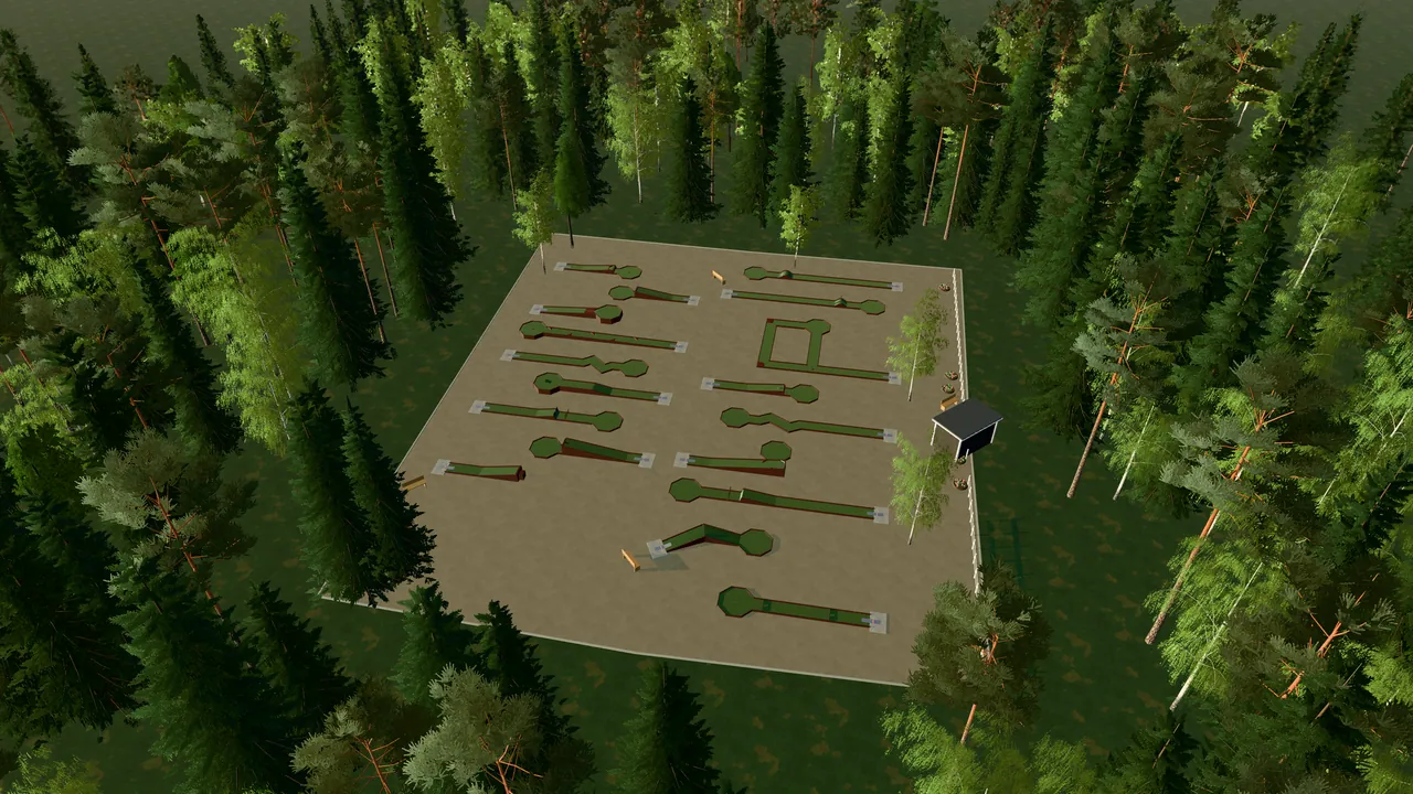Junsele Bangolfpark i spelets 3D-scen, sedd från ovan i kvällsljus