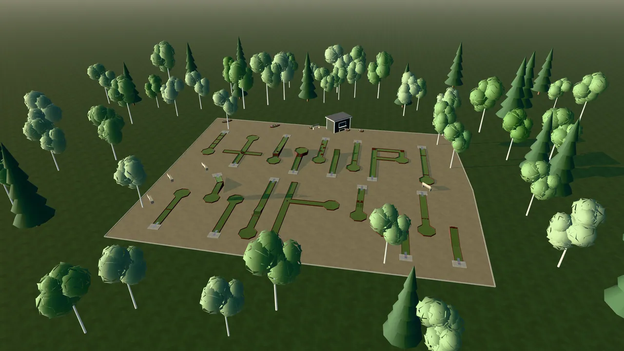 Kävlinge Bangolfpark i spelets 3D-scen, sedd från ovan i kvällsljus