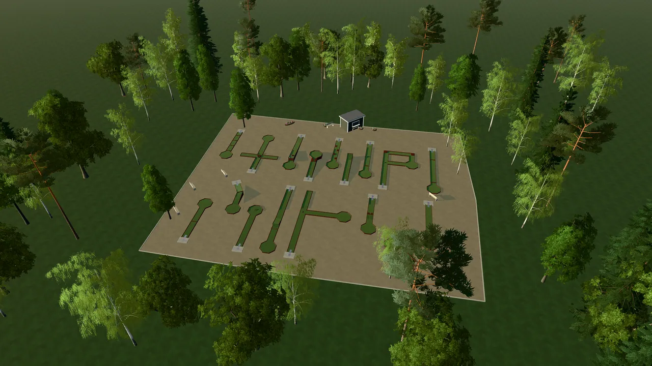 Kävlinge Bangolfpark i spelets 3D-scen, sedd från ovan i kvällsljus