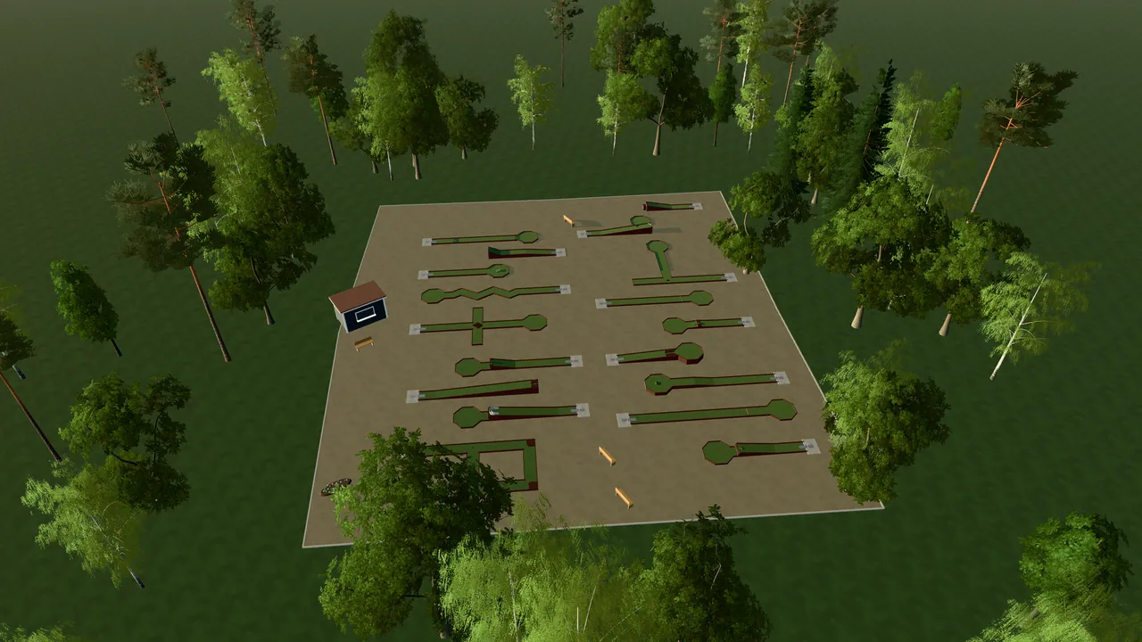 Kisa Bangolfpark i spelets 3D-scen, sedd från ovan i kvällsljus