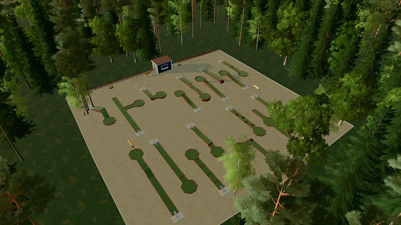 Kopparbergs Bangolfpark i spelets 3D-scen, sedd från ovan i kvällsljus