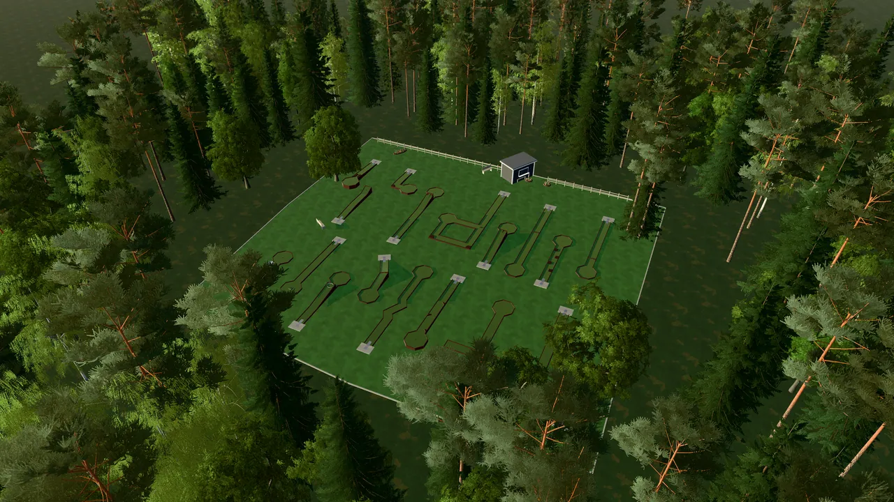 Kopparmora Bangolfpark i spelets 3D-scen, sedd från ovan i kvällsljus